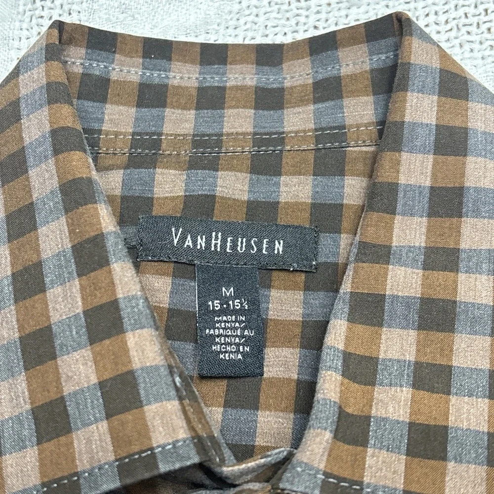 Van Heusen Mens Button Down‎ Dress Shirt Plaid Brown Size M 15/15.5 Preppy
